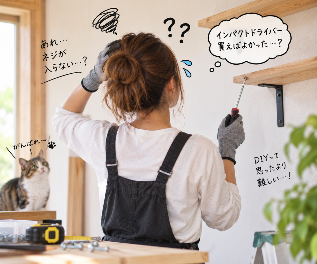 インパクトドライバーを使う前に、DIYで手動ドライバーのネジ締めに苦戦する様子